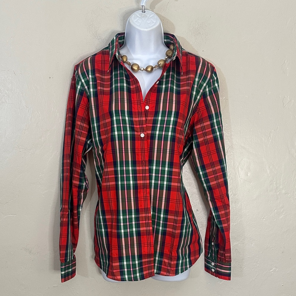 Lands' End Classic Red and Green Plaid Button-Down Shirt